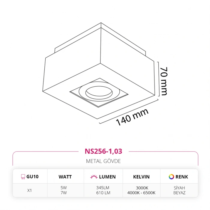 Nevo Sıva Üstü Led Spot Beyaz Siyah NS256-1