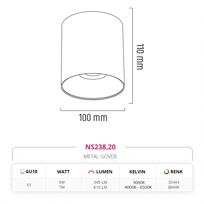 Nevo Sıva Üstü Led Spot Siyah Bakır NS238