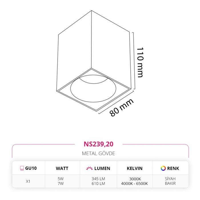 Nevo Sıva Üstü Led Spot Siyah Bakır NS239