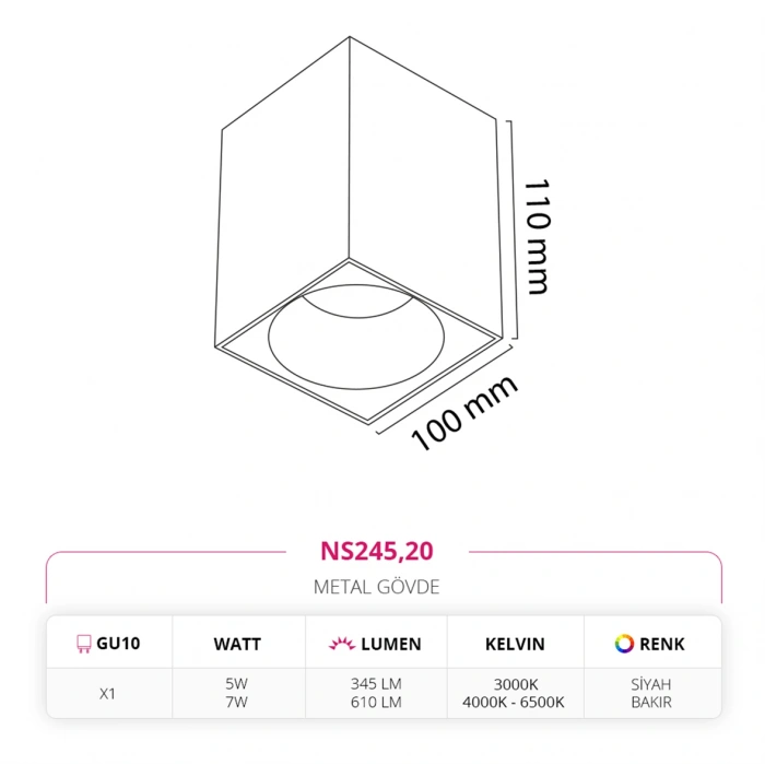 Nevo Sıva Üstü Led Spot Siyah Bakır NS245