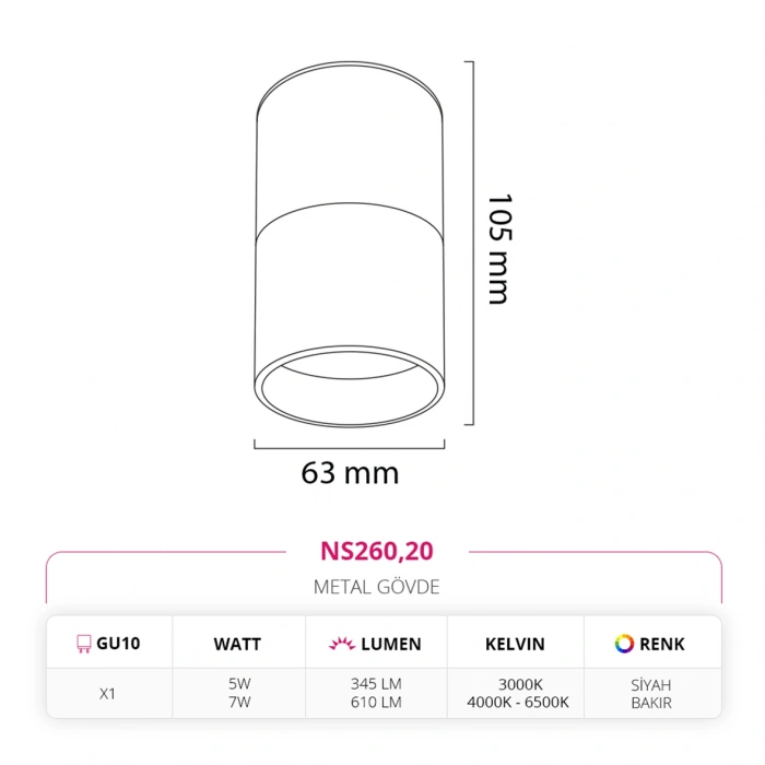 Nevo Sıva Üstü Led Spot Siyah Bakır NS260