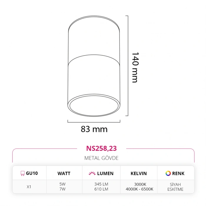 Nevo Sıva Üstü Led Spot Siyah Eskitme NS258