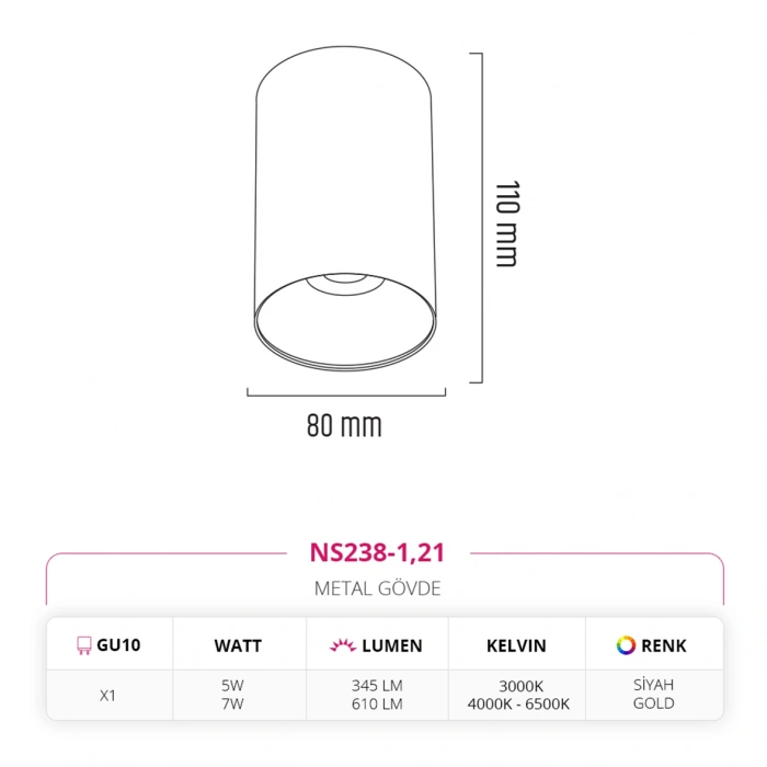 Nevo Sıva Üstü Led Spot Siyah Gold NS238-1