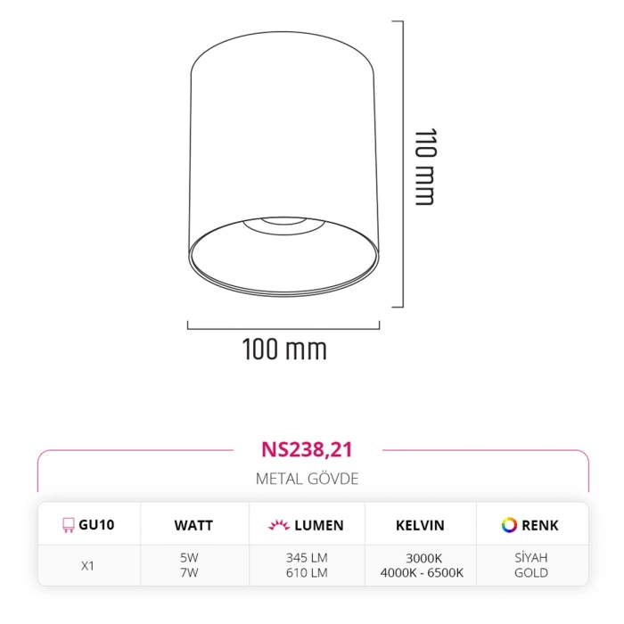 Nevo Sıva Üstü Led Spot Siyah Gold NS238
