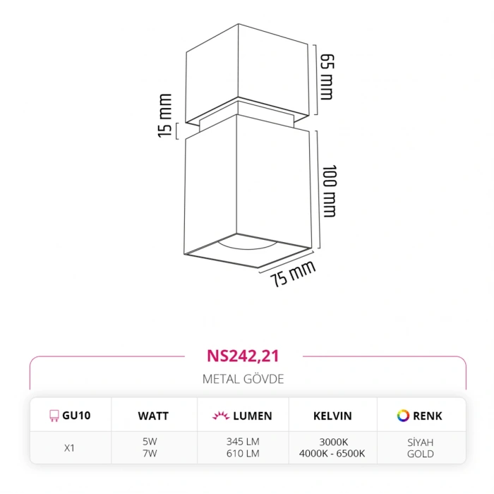 Nevo Sıva Üstü Led Spot Siyah Gold NS242