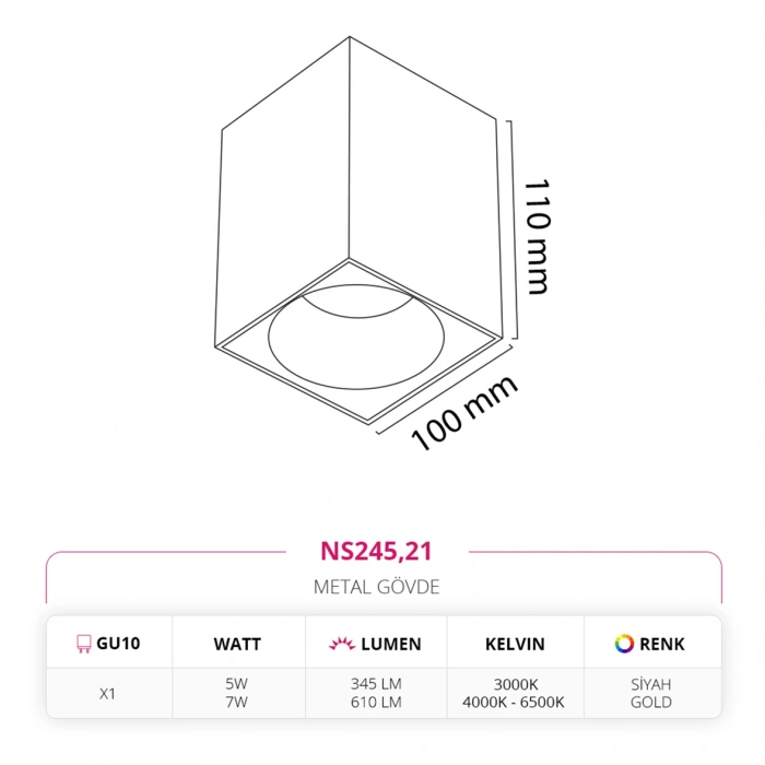 Nevo Sıva Üstü Led Spot Siyah Gold NS245