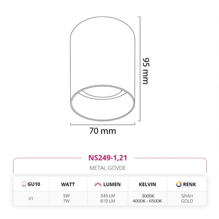 Nevo Sıva Üstü Led Spot Siyah Gold NS249-1
