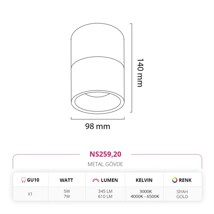 Nevo Sıva Üstü Led Spot Siyah Gold NS259