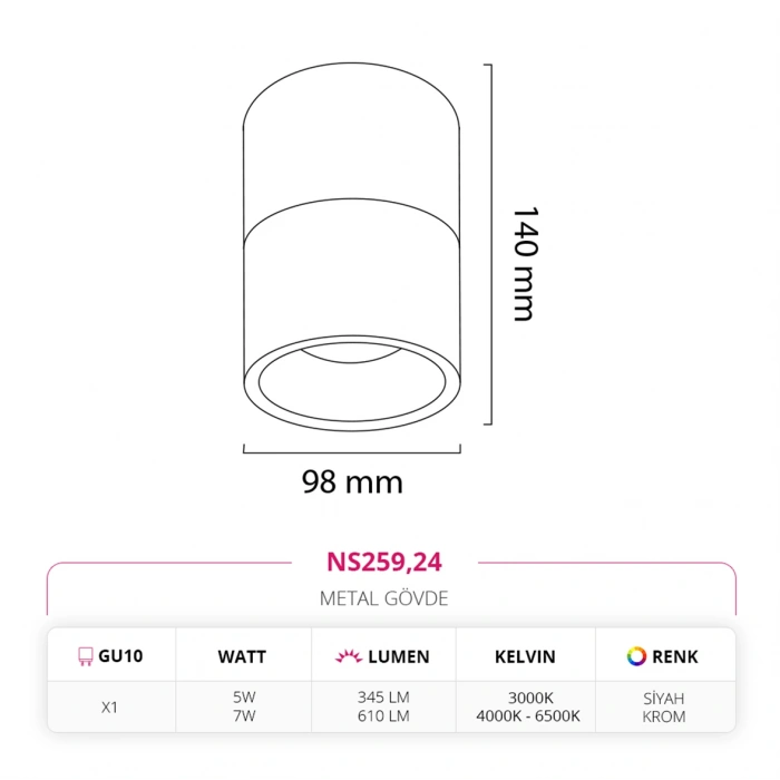 Nevo Sıva Üstü Led Spot Siyah Krom NS259