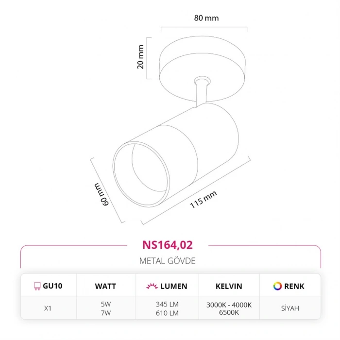 Nevo Sıva Üstü Led Spot Siyah NS164