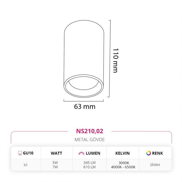 Nevo Sıva Üstü Led Spot Siyah NS210