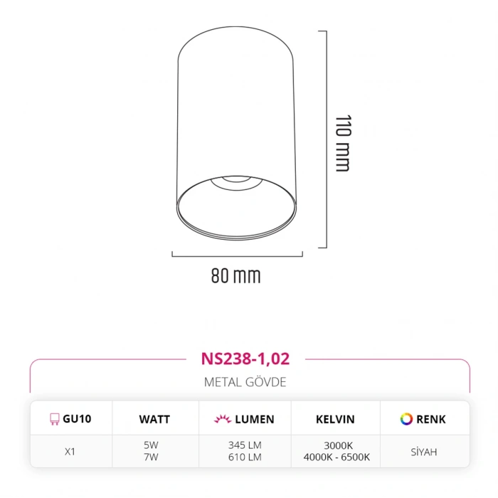 Nevo Sıva Üstü Led Spot Siyah NS238-1