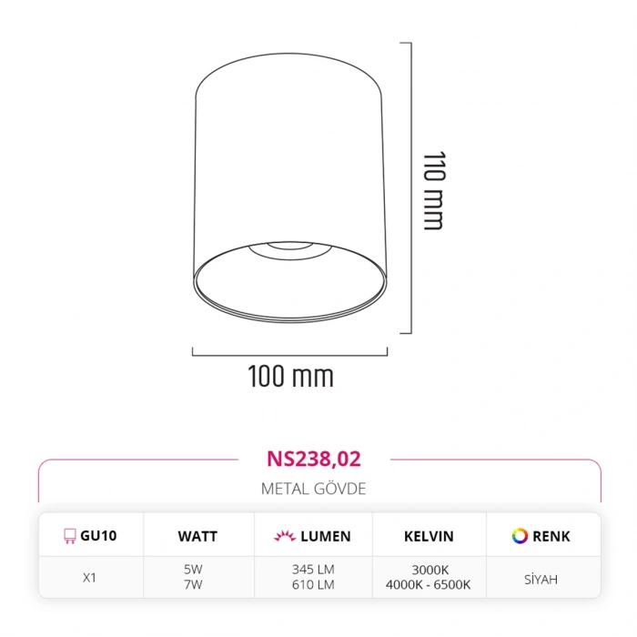 Nevo Sıva Üstü Led Spot Siyah NS238