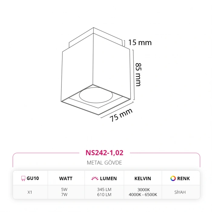 Nevo Sıva Üstü Led Spot Siyah NS242-1