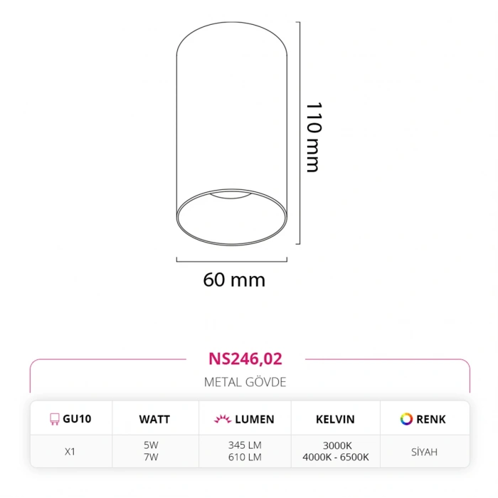 Nevo Sıva Üstü Led Spot Siyah NS246