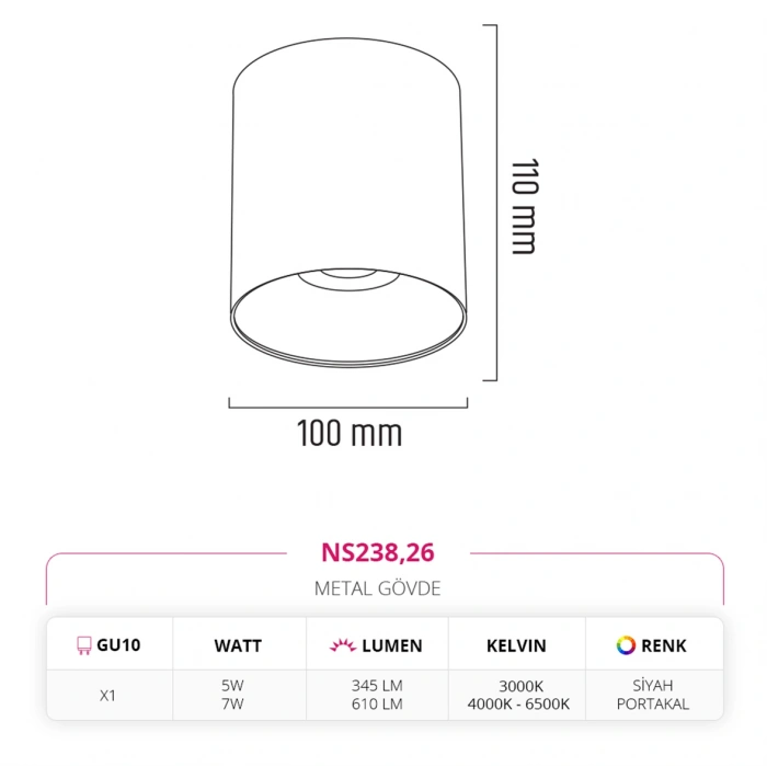 Nevo Sıva Üstü Led Spot Siyah Portakal NS238