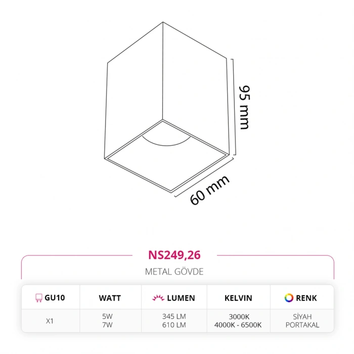 Nevo Sıva Üstü Led Spot Siyah Portakal NS249