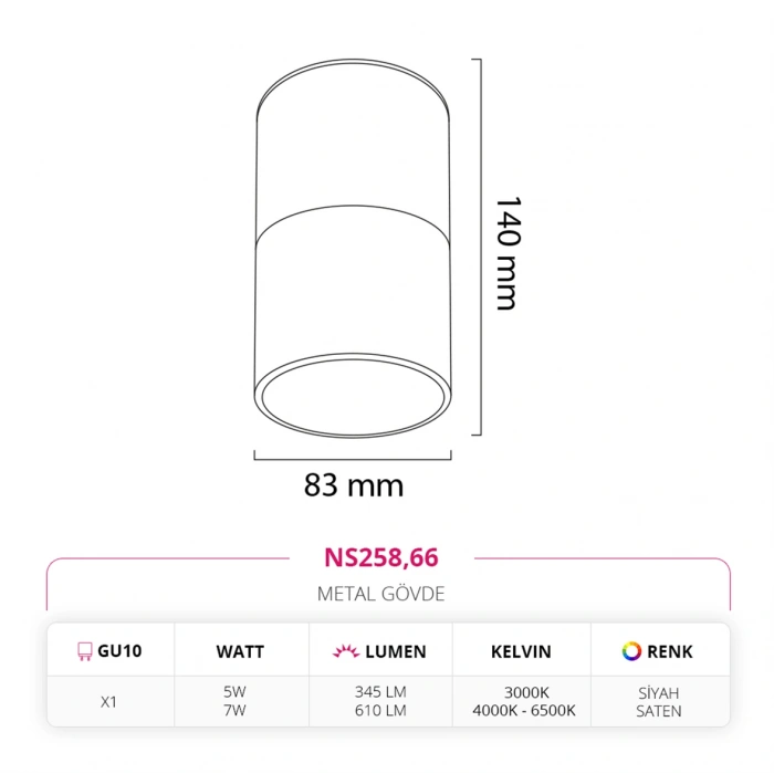 Nevo Sıva Üstü Led Spot Siyah Saten NS258