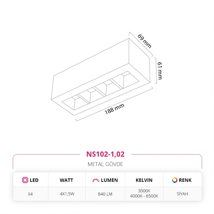 Nevo Sıva Üstü Tavan Armatürü Siyah NS102-1