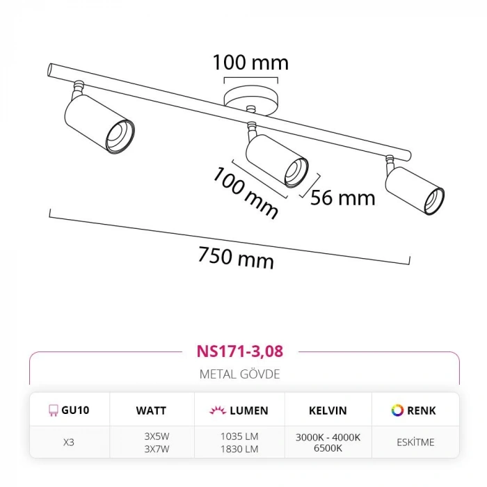 Nevo Sıva Üstü Üçlü LED Spot Eskitme NS171-3