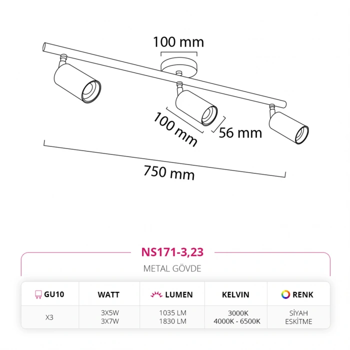 Nevo Sıva Üstü Üçlü Led Spot Siyah Eskitme NS171-3