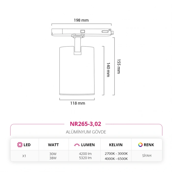 Nevo Trifaze Driver Soketli Ray Spot Siyah NR265-3