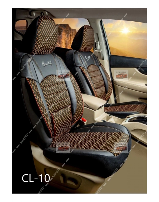 FIRST CLASS Kapitone Kumaş Siyah-Tarçın Deri ORTAPEDİK Oto Kılıfı