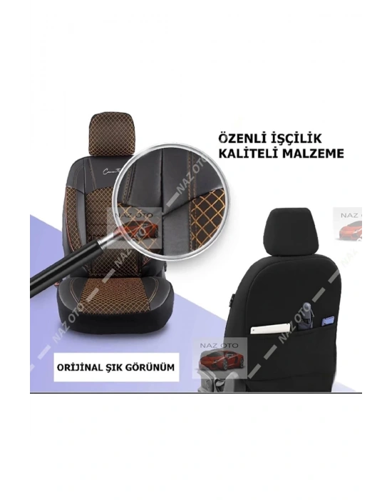 FIRST CLASS Kapitone Kumaş Siyah-Tarçın Deri ORTAPEDİK Oto Kılıfı