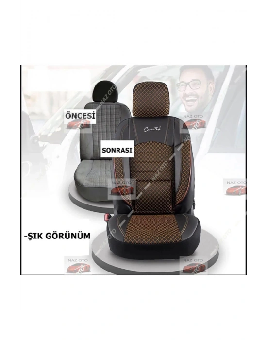 FIRST CLASS Kapitone Kumaş Siyah-Tarçın Deri ORTAPEDİK Oto Kılıfı