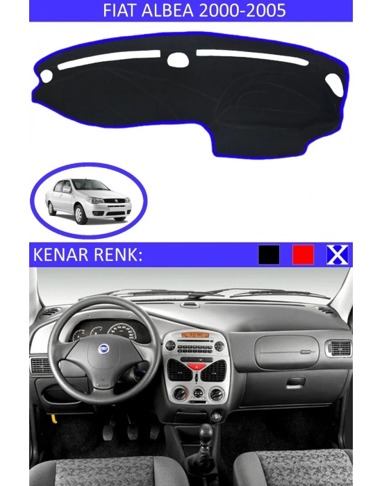 Fiat Albea 2000-2005 Modelleri İçin Uygun Torpido Koruma Halısı Siyah Kenar Renk Mavi