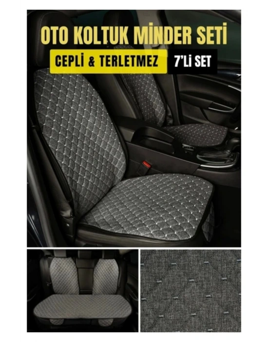 Skoda Rapid 2012 ve SonrasıTerletmez Kaymaz Keten Oto Minder Kılıf Komple Set ( 7 Parça ) Füme