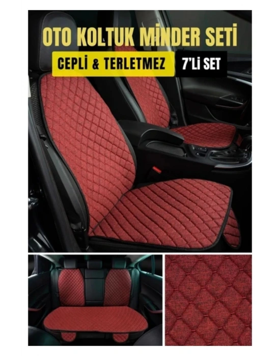 SEAT ATECA 2016 Sonrası Terletmez Kaymaz Keten Oto Minder Kılıf Komple Set ( 7 Parça ) Kırmızı