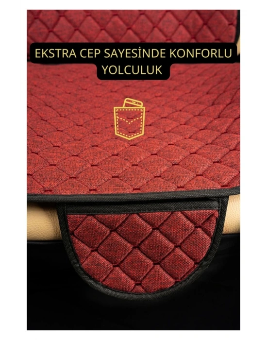 SEAT ATECA 2016 Sonrası Terletmez Kaymaz Keten Oto Minder Kılıf Komple Set ( 7 Parça ) Kırmızı