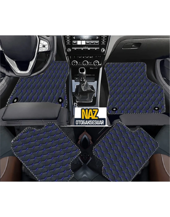 Audi A3 2013-2020  Uyumlu Mavi Dikişli Siyah Deri Paspas