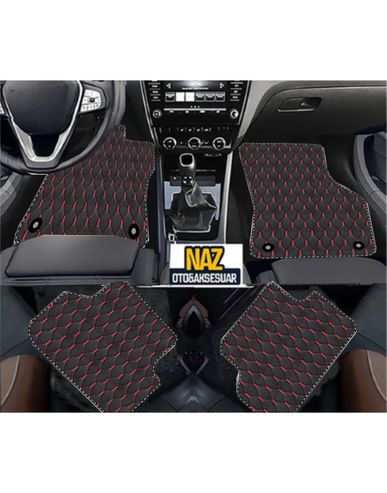 Jaguar X-Type 2001 - 2003  Uyumlu Kırmızı Dikişli Siyah Deri Paspas