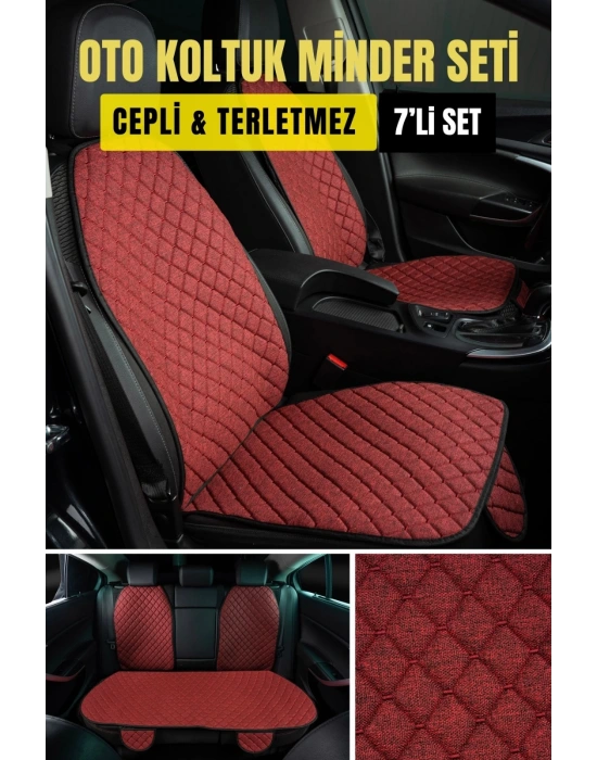 MİTSUBİSHİ colt-2004-2009-tkmTerletmez Kaymaz Keten Oto Minder Kılıf Komple Set(7Parça) Kırmızı