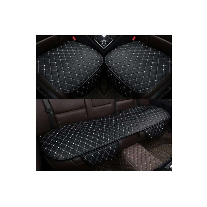 Araba Koltuk Minderi Ön-arka Takım 3 Parca Terletmez Kumaş Minder Siyah Kumaş-beyaz Dikiş