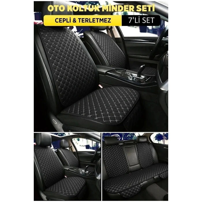 Araba Terletmez Ergonomik Koltuk Minderi (7 Parça) - 5 Koltuk Tam Set Siyah Beyaz