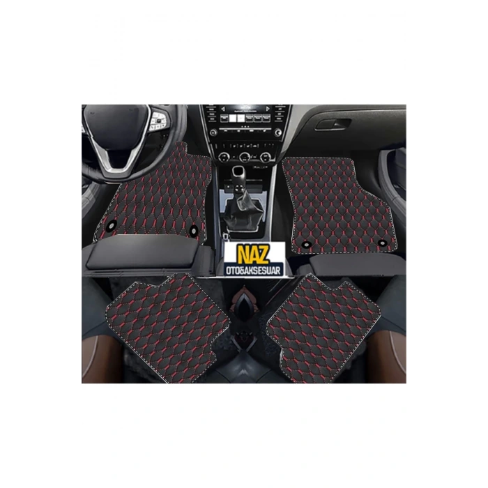 FORD ECOSPORT 2016 + Uyumlu Kırmızı Dikişli Siyah Deri Paspas