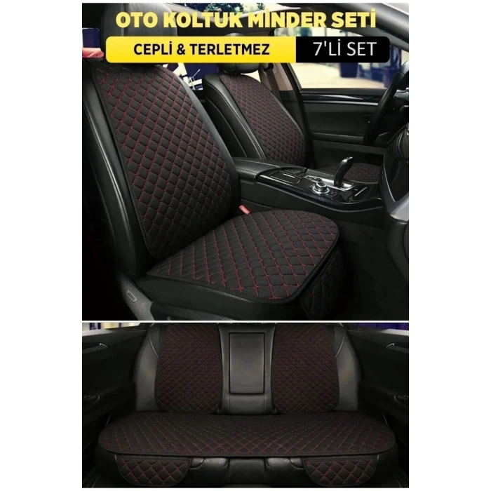 Fiat 126 Uyumlu Terletmez Kumaş Minder Seti 7 Parça Full Takım siyah-kırmızı