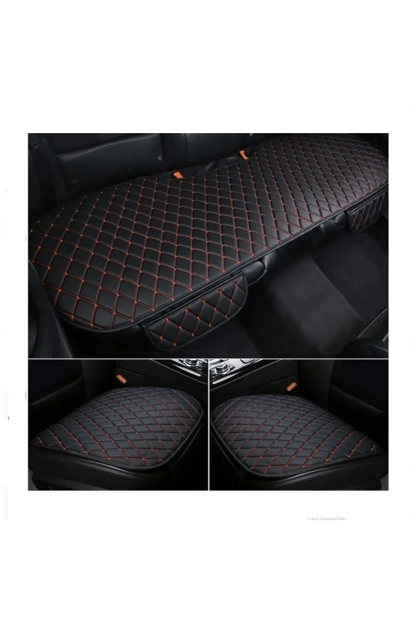 Araba Koltuk Minderi Ön ve Arka Takım 3 Parca Koltuk Deri Minder Siyah Deri-Turuncu Nakış