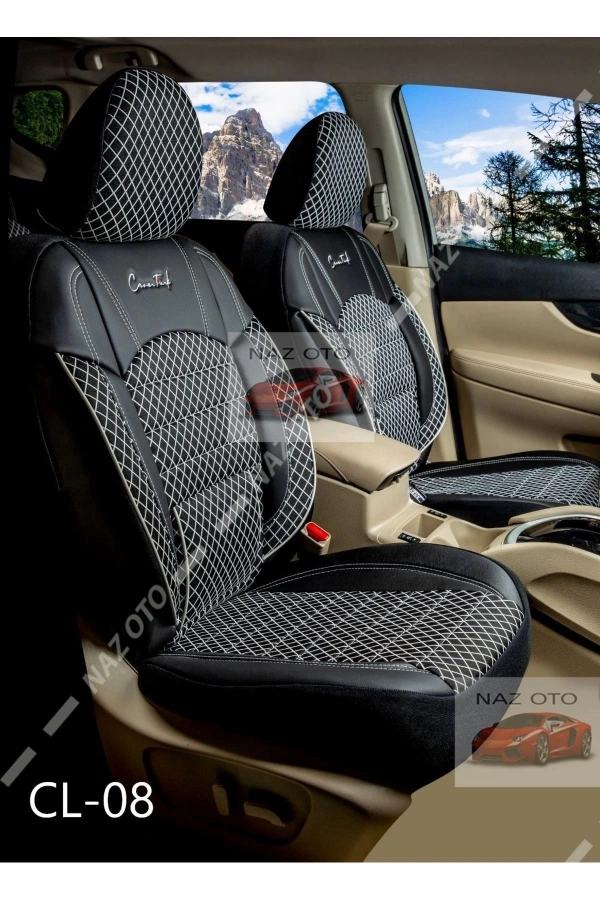 FIRST CLASS Kapitone Kumaş Siyah-Beyaz Deri ORTAPEDİK Oto Kılıfı