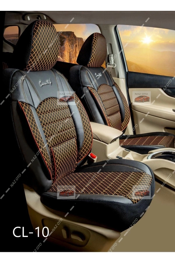 FIRST CLASS Kapitone Kumaş Siyah-Tarçın Deri ORTAPEDİK Oto Kılıfı