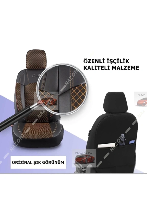 FIRST CLASS Kapitone Kumaş Siyah-Tarçın Deri ORTAPEDİK Oto Kılıfı