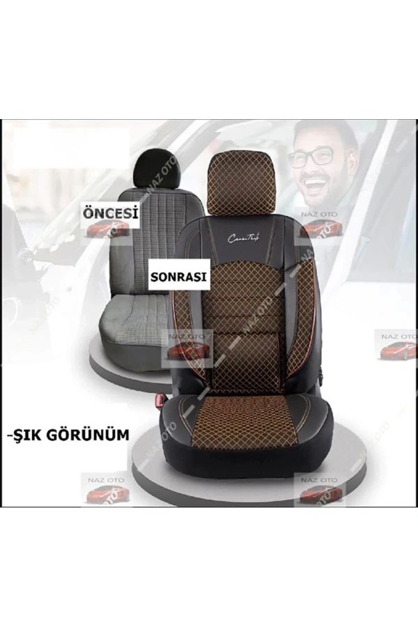 FIRST CLASS Kapitone Kumaş Siyah-Tarçın Deri ORTAPEDİK Oto Kılıfı