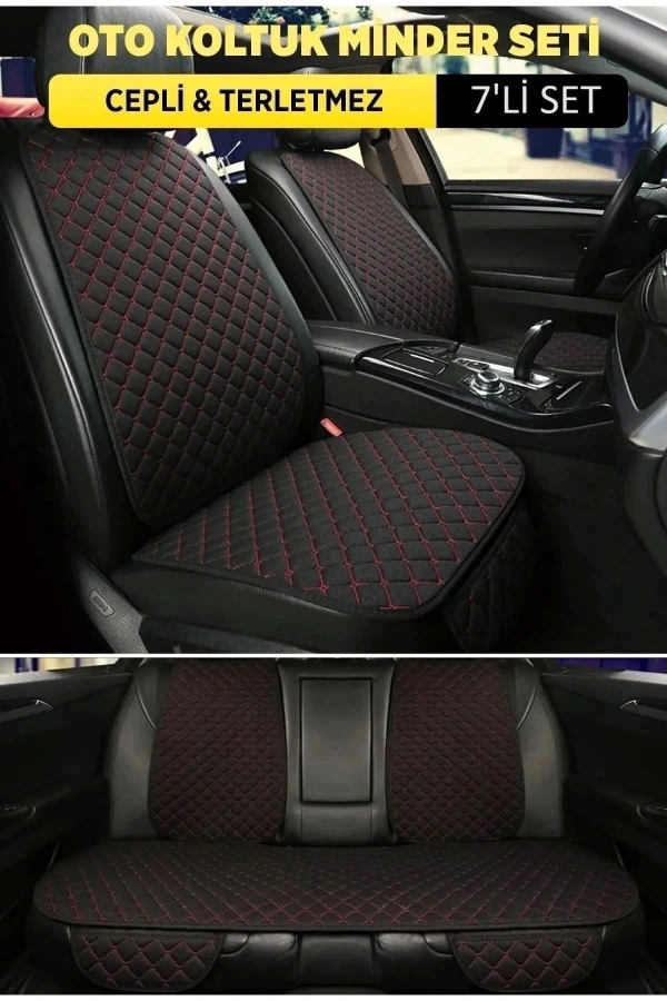 Araba Terletmez Ergonomik Koltuk Minderi (7 Parça) - 5 Koltuk Tam Set Siyah Kırmızı