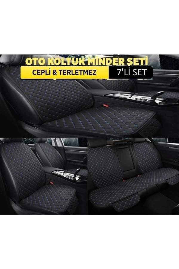 Araba Terletmez Ergonomik Koltuk Minderi (7 Parça) - 5 Koltuk Tam Set Siyah Mavi