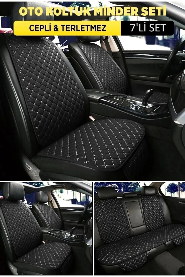Araba Terletmez Ergonomik Koltuk Minderi (7 Parça) - 5 Koltuk Tam Set Siyah Beyaz