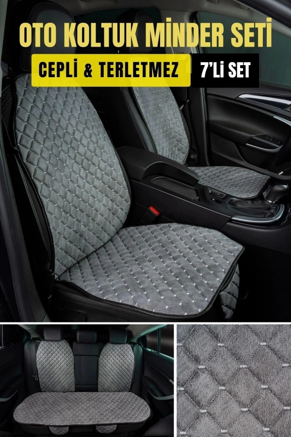 Araba Terletmez Ergonomik Koltuk Minderi (7 PARÇA) - 5 Koltuk Tam Set (GRİ_GRİ)