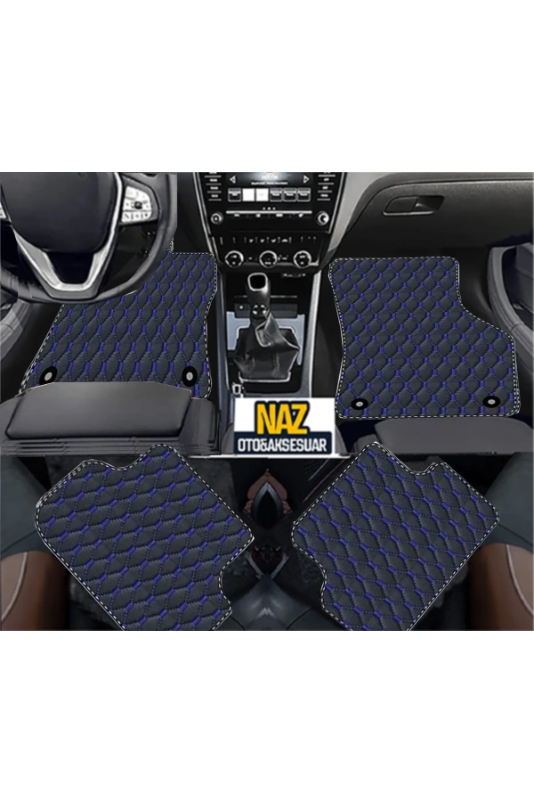 Audi A3 2013-2020  HB Uyumlu Mavi Dikişli Siyah Deri Paspas